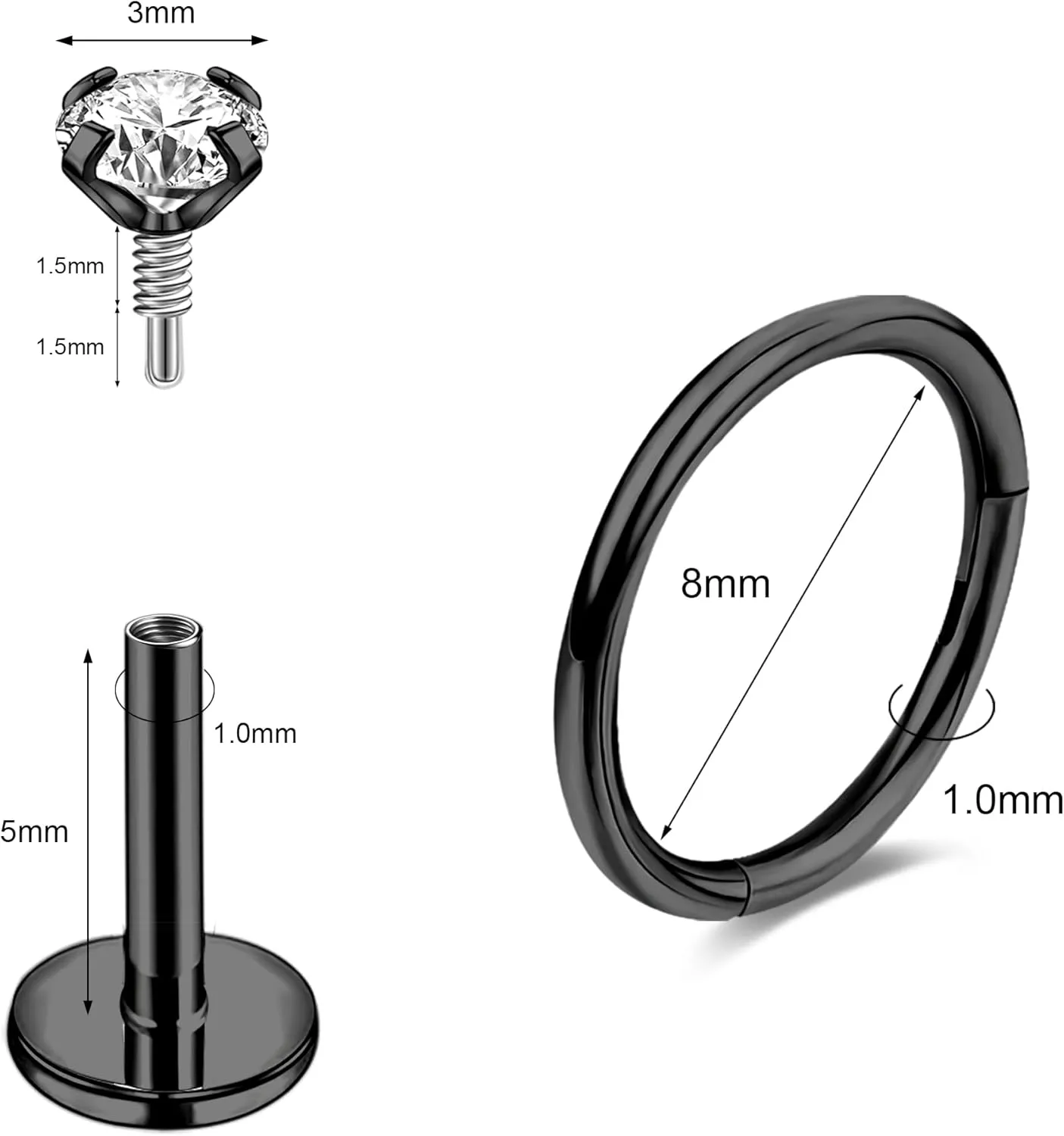 Nose Rings Stud Surgical Steel Internal Thread Piercing Jewelry Set Nose Medusa Lip Labret Hypoallergenic Clicker Hoop Septum Rings Cartilage Tragus Helix Conch Earrings for Women Men 16G 18G