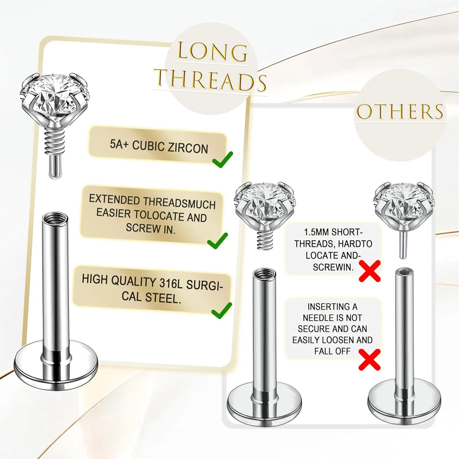 Nose Rings Stud Surgical Steel Internal Thread Piercing Jewelry Set Nose Medusa Lip Labret Hypoallergenic Clicker Hoop Septum Rings Cartilage Tragus Helix Conch Earrings for Women Men 16G 18G