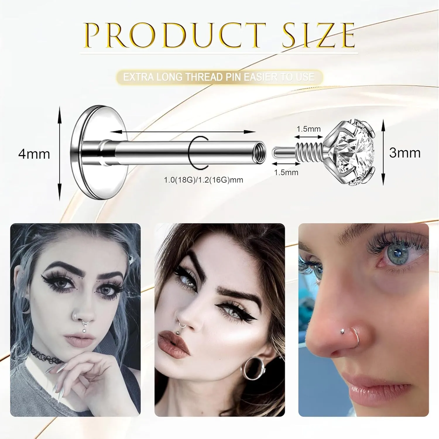 Nose Rings Stud Surgical Steel Internal Thread Piercing Jewelry Set Nose Medusa Lip Labret Hypoallergenic Clicker Hoop Septum Rings Cartilage Tragus Helix Conch Earrings for Women Men 16G 18G
