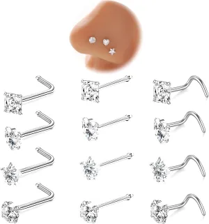 Nose Rings Studs 12Pcs 18G/20G 316L Surgical Steel Nose Studs Hypoallergenic Corkscrew Nose Piercing Jewelry for Women Men Segment Nose Rings L Shaped/Straight Nose Studs Silver Cubic Zirconia Imitation Diamond 3mm