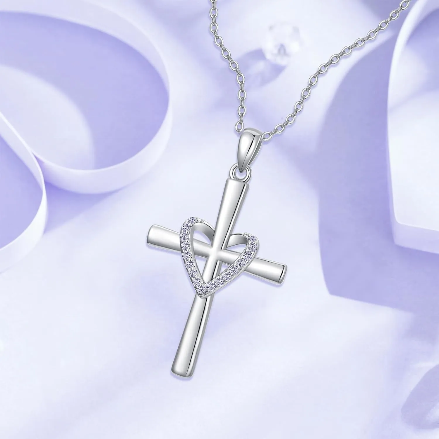 OCJ Christmas Gifts for Women Birthstone Cross Necklace 925 Sterling Silver Heart Cross Pendant Necklace Christian Jewelry gifts for Women Her Daughter Birthday Gifts for Her