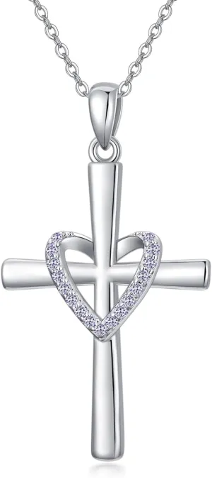 OCJ Christmas Gifts for Women Birthstone Cross Necklace 925 Sterling Silver Heart Cross Pendant Necklace Christian Jewelry gifts for Women Her Daughter Birthday Gifts for Her