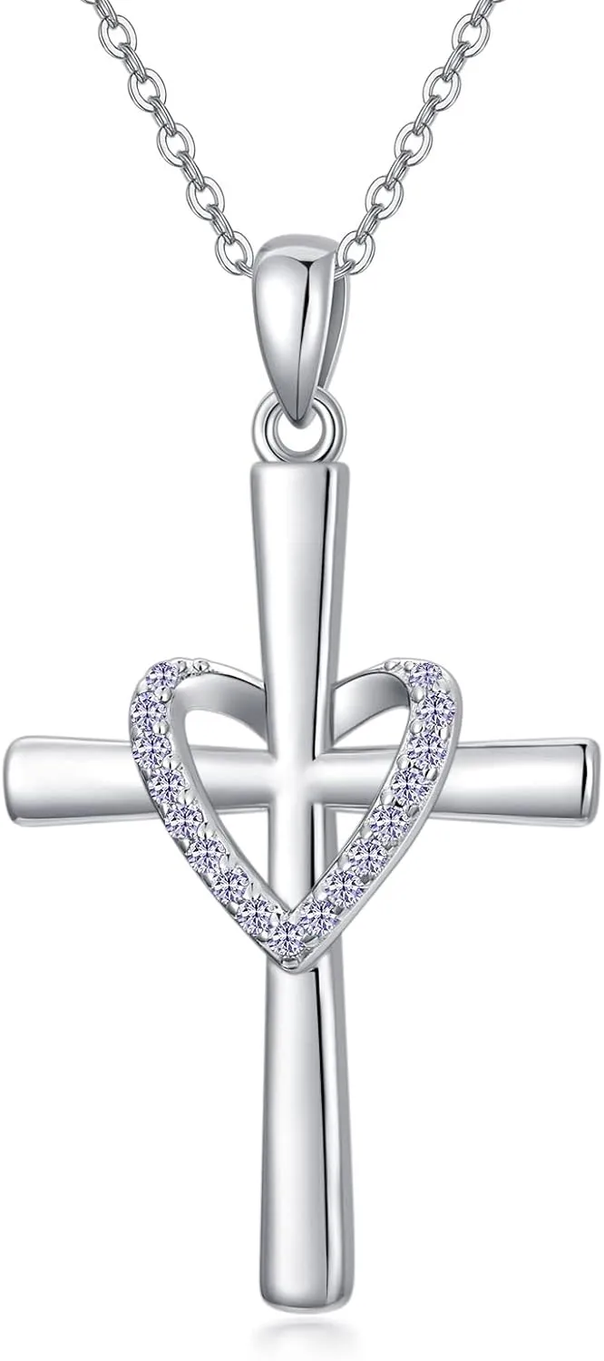 OCJ Christmas Gifts for Women Birthstone Cross Necklace 925 Sterling Silver Heart Cross Pendant Necklace Christian Jewelry gifts for Women Her Daughter Birthday Gifts for Her