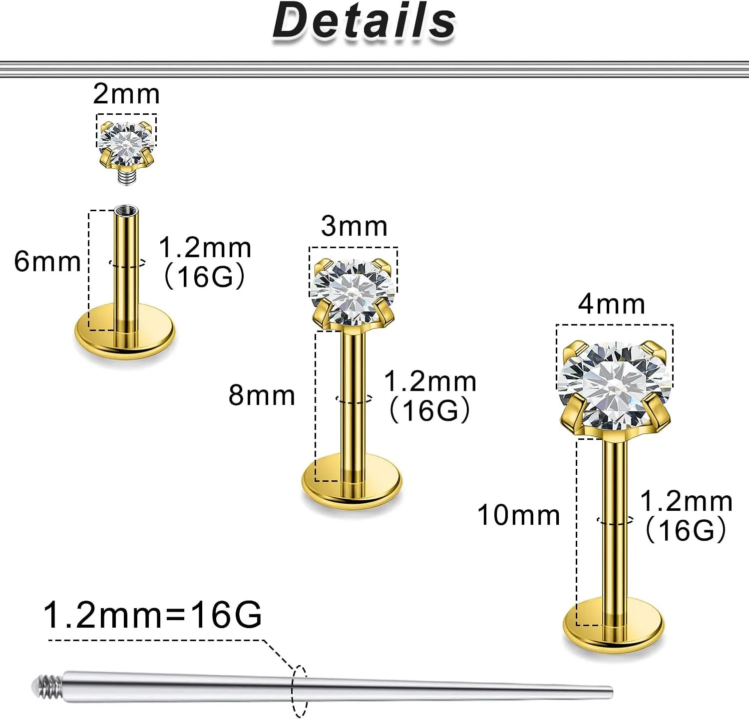 Ocptiy 16G Labret Jewelry Stainless Steel Medusa Piercing Jewelry Monroe Lip Rings Different Size Tragus Nail Conch Helix Earring Stud Bar Length 6mm 8mm 10mm CZ Size 2mm 3mm 4mm