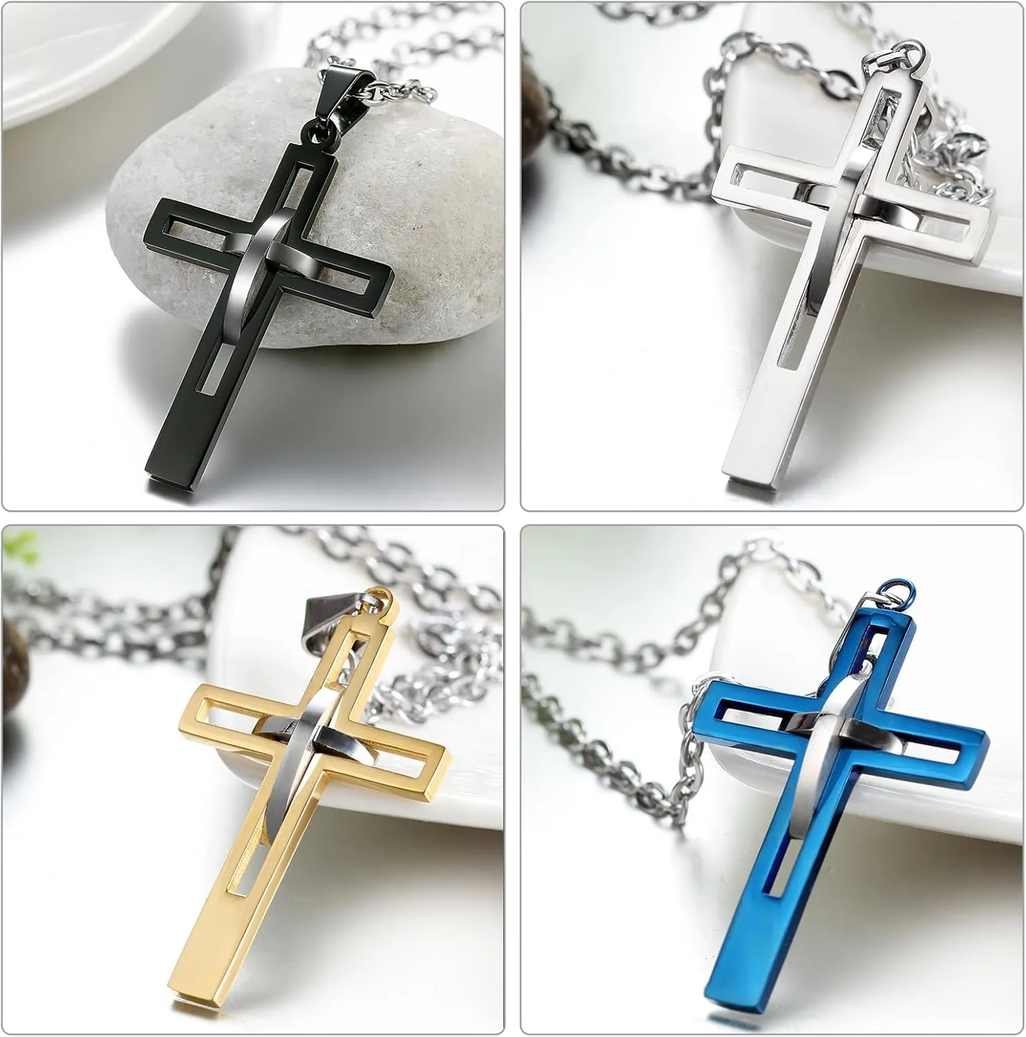 OIDEA Stainless Steel High Polish Hollow Openwork Cross Pendant Necklace for Men Women, Hypoallergenic, Silver, Gold, Black, Blue