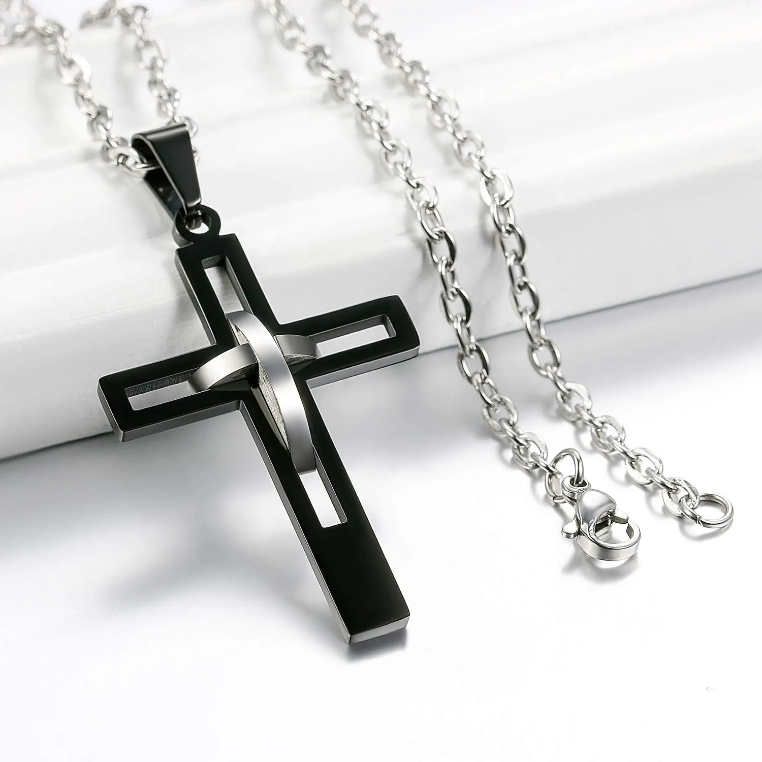 OIDEA Stainless Steel High Polish Hollow Openwork Cross Pendant Necklace for Men Women, Hypoallergenic, Silver, Gold, Black, Blue