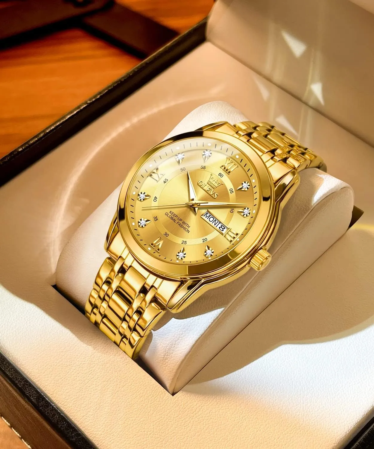 OLEVS Mens Diamond Watch Luxury Business Dress Wrist Watches Quartz Stainless Steel Waterproof Luminous Day Date