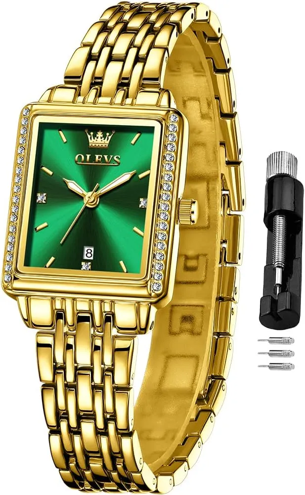 OLEVS Square Watches for Women Dress Analog Small Female Watch Stainless Steel Waterproof Luminous Two Tone Fashion Set Watch for Lady