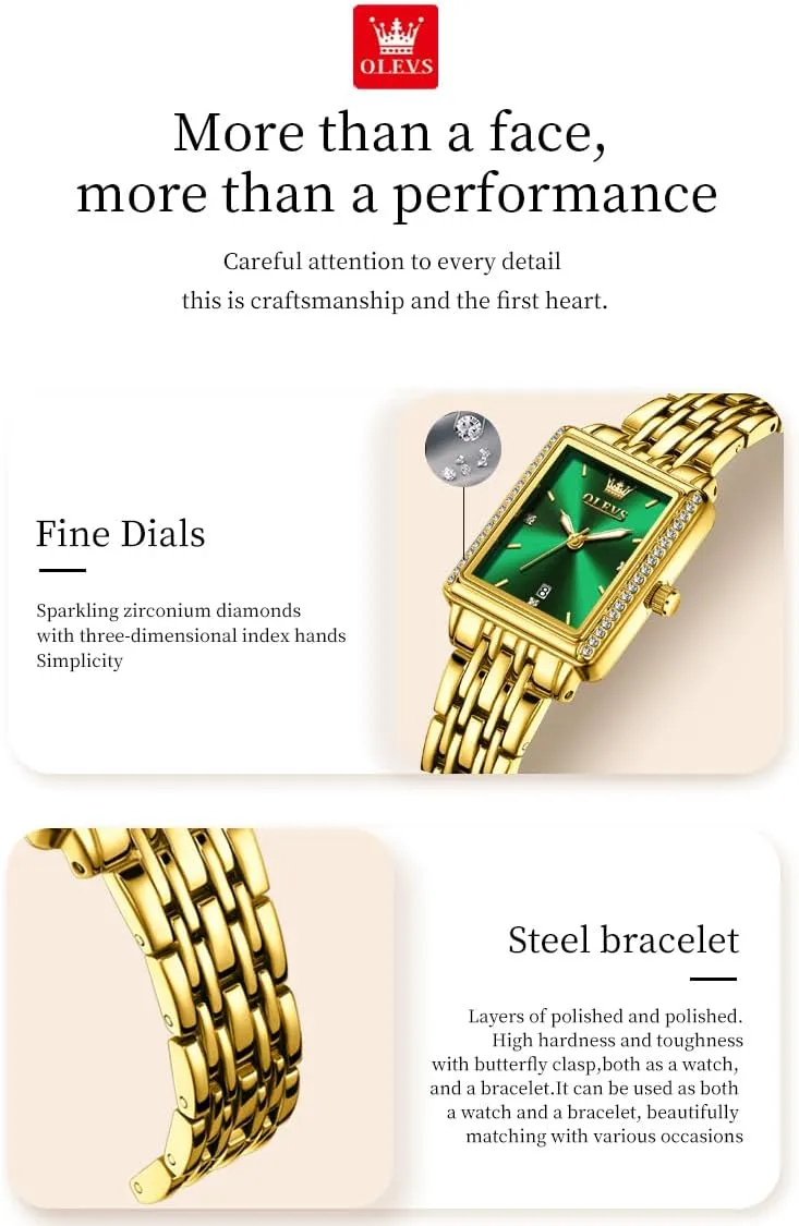 OLEVS Square Watches for Women Dress Analog Small Female Watch Stainless Steel Waterproof Luminous Two Tone Fashion Set Watch for Lady