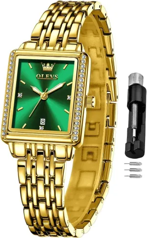 OLEVS Square Watches for Women Dress Analog Small Female Watch Stainless Steel Waterproof Luminous Two Tone Fashion Set Watch for Lady