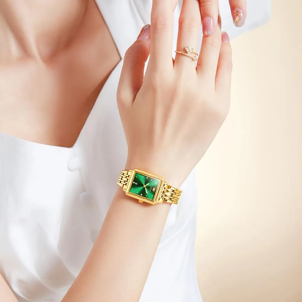 OLEVS Square Watches for Women Dress Analog Small Female Watch Stainless Steel Waterproof Luminous Two Tone Fashion Set Watch for Lady