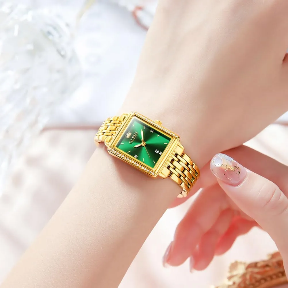 OLEVS Square Watches for Women Dress Analog Small Female Watch Stainless Steel Waterproof Luminous Two Tone Fashion Set Watch for Lady