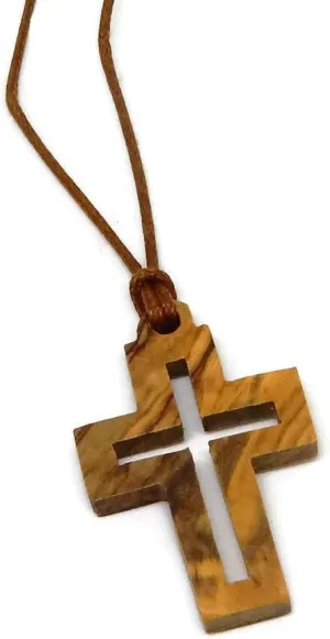 Olive Wood Square Cut Out | Latin Cross | Christian Cross Pendant | Certificate of Origin & Lord Jesus Prayer Card Included | Genuine Product from HJW | Christian Religious Jewelry | Holyland Souvenir and Symbol of Faith