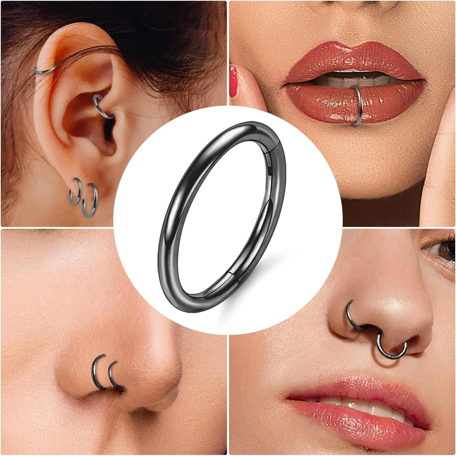 ONESING 2 PCS Nose Rings Hoops 14G 16G 18G 20G Surgical Steel Septum Rings Cartilage Tragus Round Hinged Nose Rings Piercing Jewelry for Women Men 6-12mm