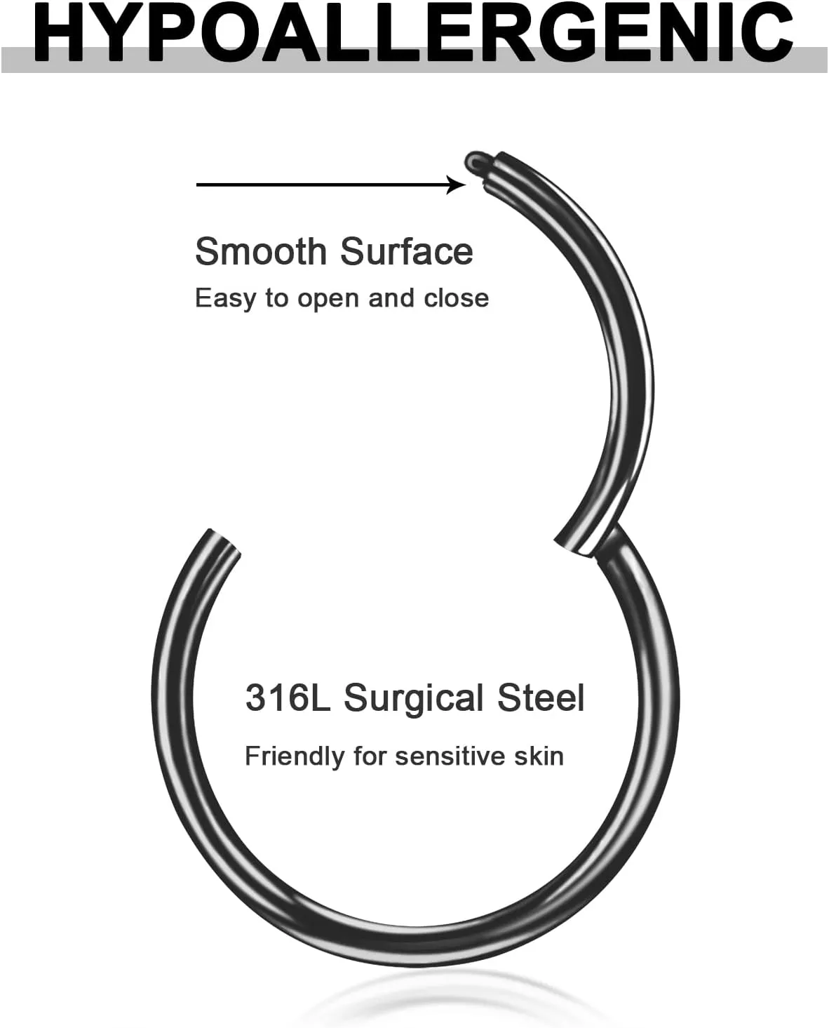 ONESING 2 PCS Nose Rings Hoops 14G 16G 18G 20G Surgical Steel Septum Rings Cartilage Tragus Round Hinged Nose Rings Piercing Jewelry for Women Men 6-12mm