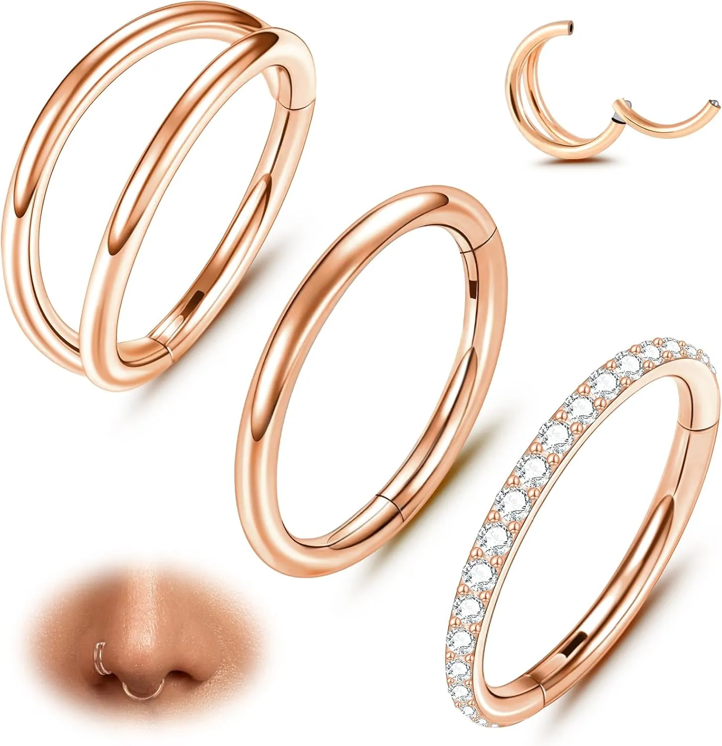 ONESING 3Pcs Nose Rings Hoops 16G 18G 20G Hoop Nose rings for Women 316L Surgical Steel Nose Hoops Hinged Cartilage Conch Septum Rings Double Hoop Nose Rings Tragus Earrings Nose Piercing Jewelry 6-12mm