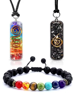 Orgone Pendant 7 Chakra Necklace Attract Spiritual Energy - Black Tourmaline Necklace for Protection - Essential Oil Diffuser Lava Bead Bracelet for Chakra Align - Spiritual Crystal Healing Necklace