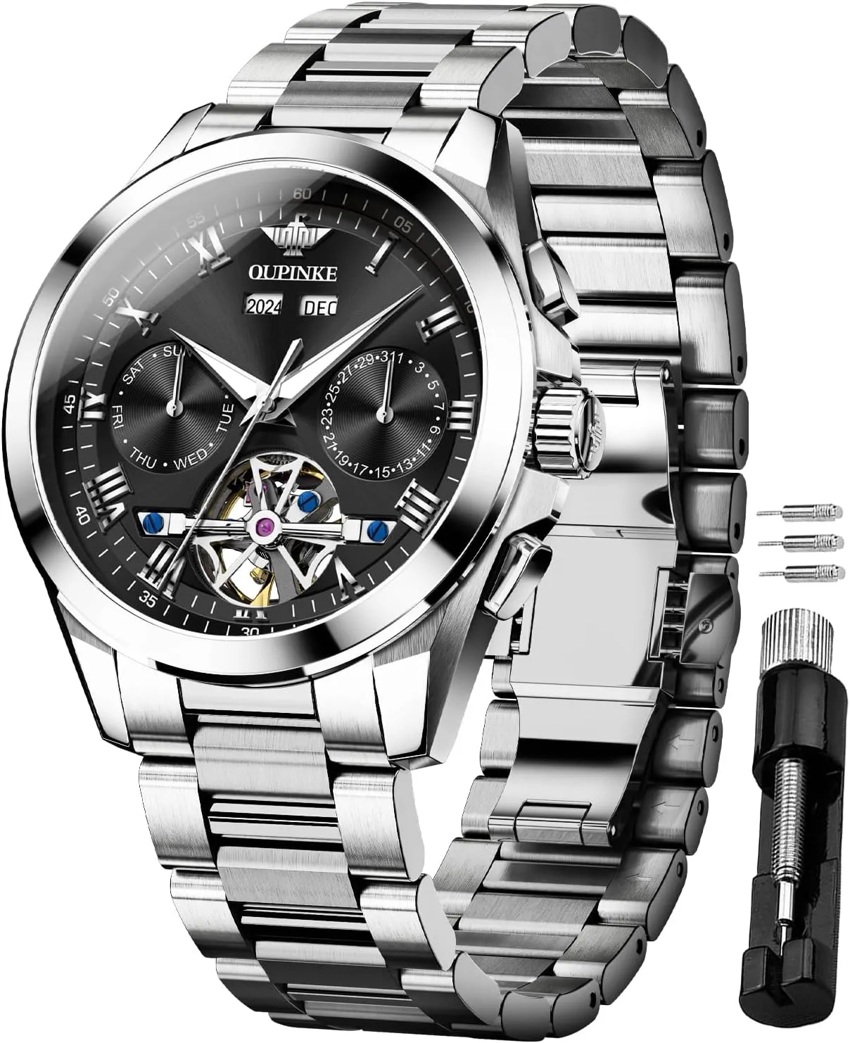 OUPINKE Watch for Men Automatic Wristwatch Luminous Sapphire Crystal Calendar 5ATM Waterproof Tungsten Stainless Steel