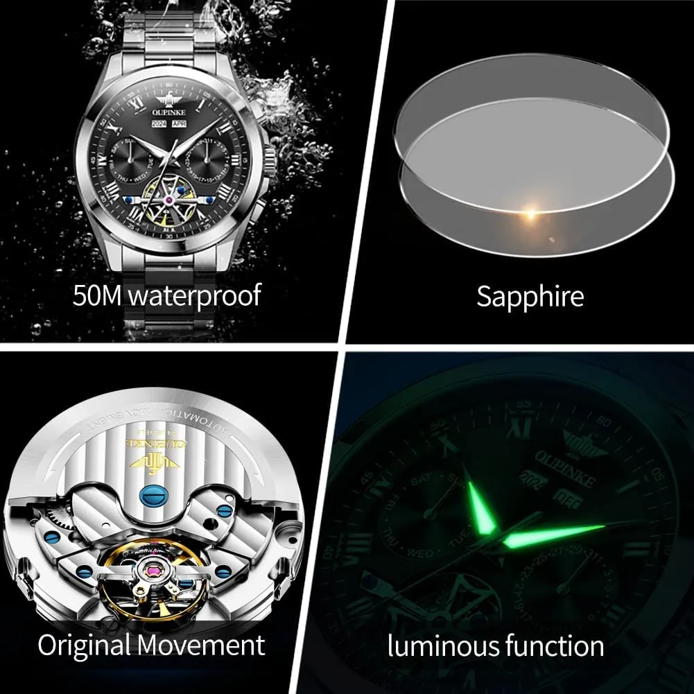 OUPINKE Watch for Men Automatic Wristwatch Luminous Sapphire Crystal Calendar 5ATM Waterproof Tungsten Stainless Steel