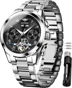 OUPINKE Watch for Men Automatic Wristwatch Luminous Sapphire Crystal Calendar 5ATM Waterproof Tungsten Stainless Steel