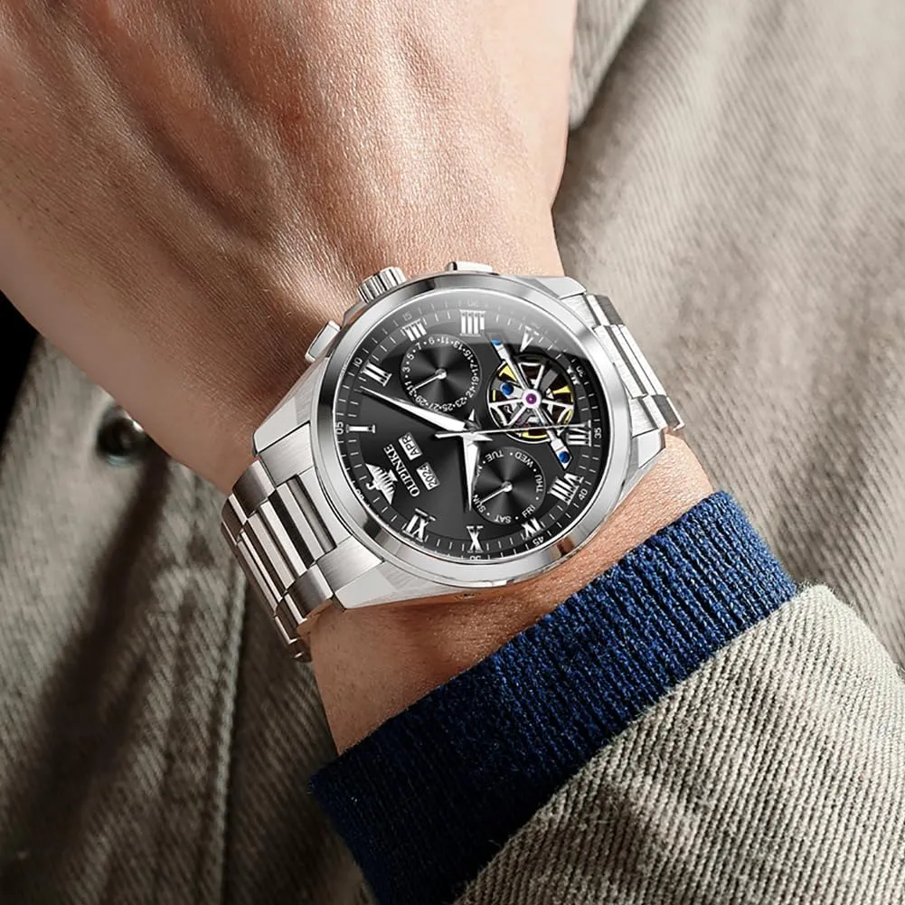 OUPINKE Watch for Men Automatic Wristwatch Luminous Sapphire Crystal Calendar 5ATM Waterproof Tungsten Stainless Steel