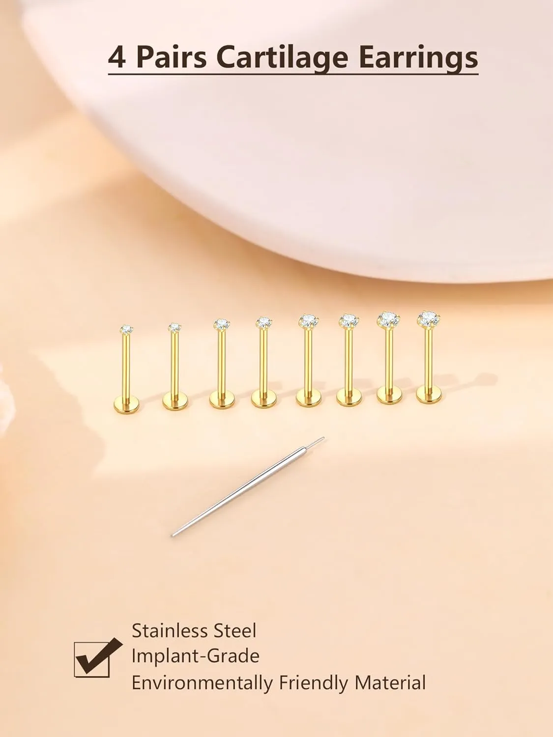 Oveta Threadless Push in Lip Rings 16G/18G/20G Labret Jewelry CZ Lip Studs Stainless Steel Cartilage Earrings for Women Monroe Medusa Piercing Jewelry 6/7/8/10/12mm Bar Length
