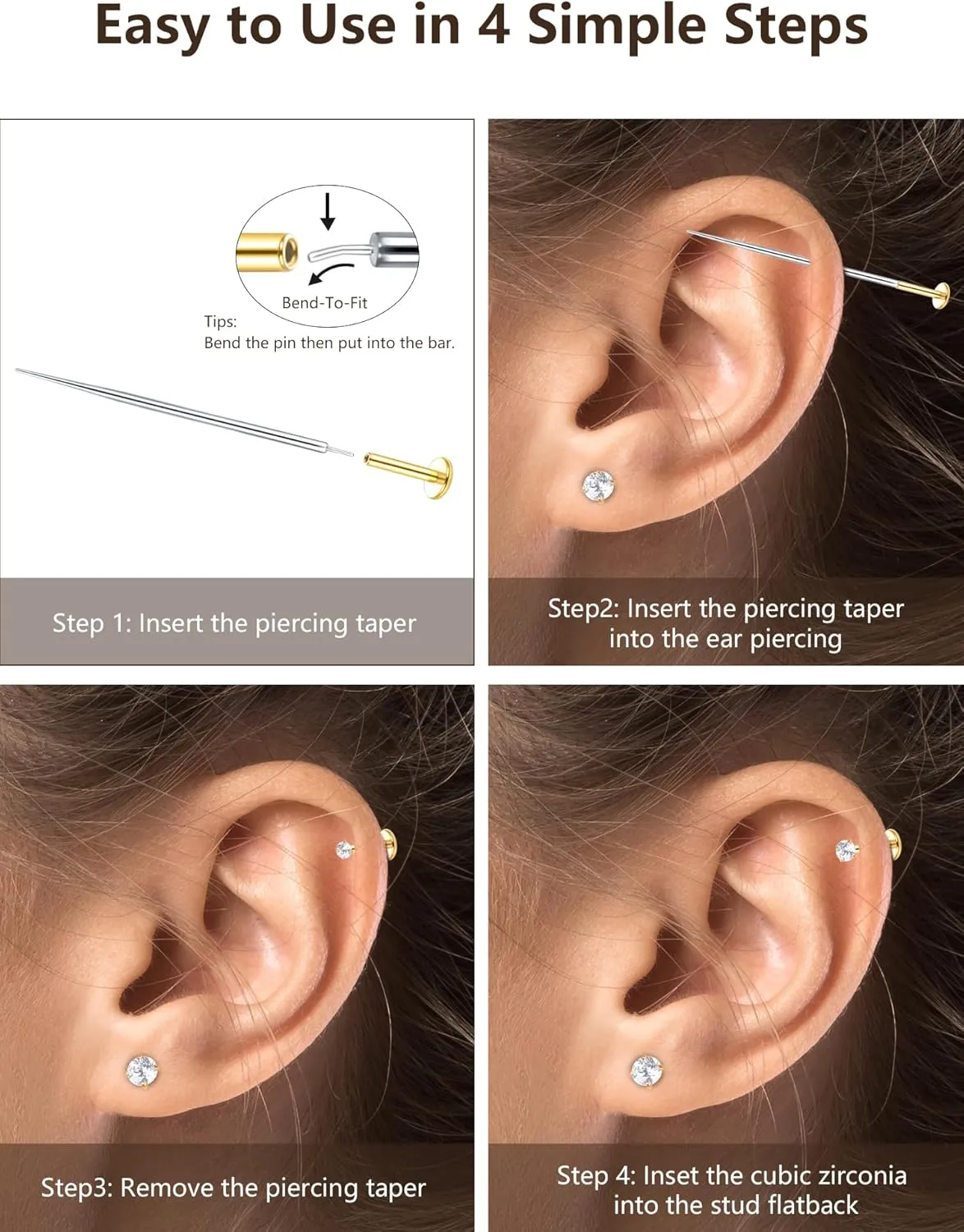Oveta Threadless Push in Lip Rings 16G/18G/20G Labret Jewelry CZ Lip Studs Stainless Steel Cartilage Earrings for Women Monroe Medusa Piercing Jewelry 6/7/8/10/12mm Bar Length