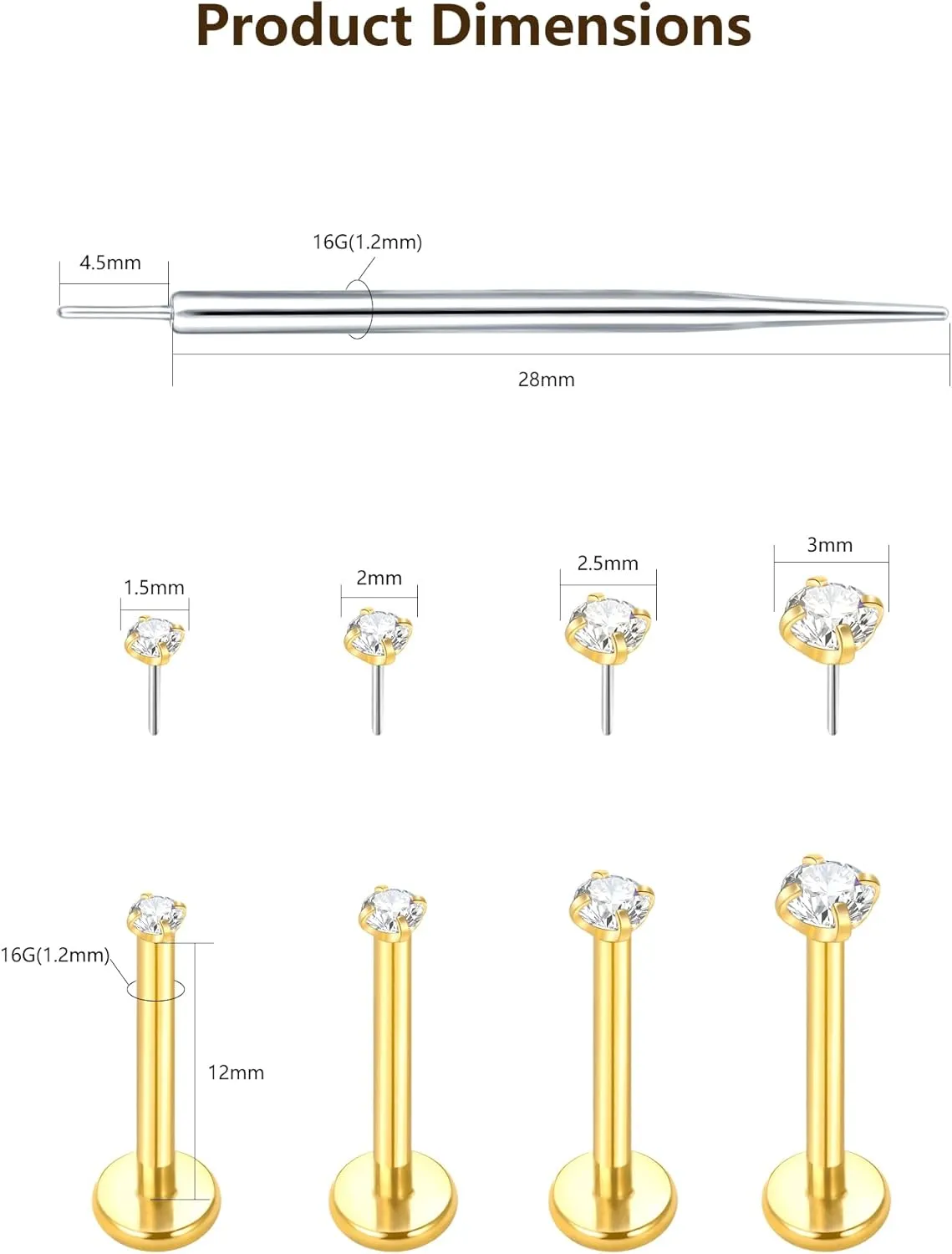 Oveta Threadless Push in Lip Rings 16G/18G/20G Labret Jewelry CZ Lip Studs Stainless Steel Cartilage Earrings for Women Monroe Medusa Piercing Jewelry 6/7/8/10/12mm Bar Length