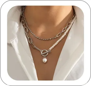 PaperClip Pearl Necklace Dainty Silver Layered Pearl OT Clasp Choker Stacking Beaded Ball Chain Pearl Chain Retro Necklace for Women (Silver)