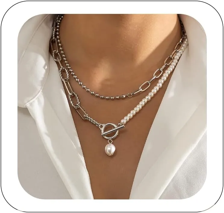 PaperClip Pearl Necklace Dainty Silver Layered Pearl OT Clasp Choker Stacking Beaded Ball Chain Pearl Chain Retro Necklace for Women (Silver)