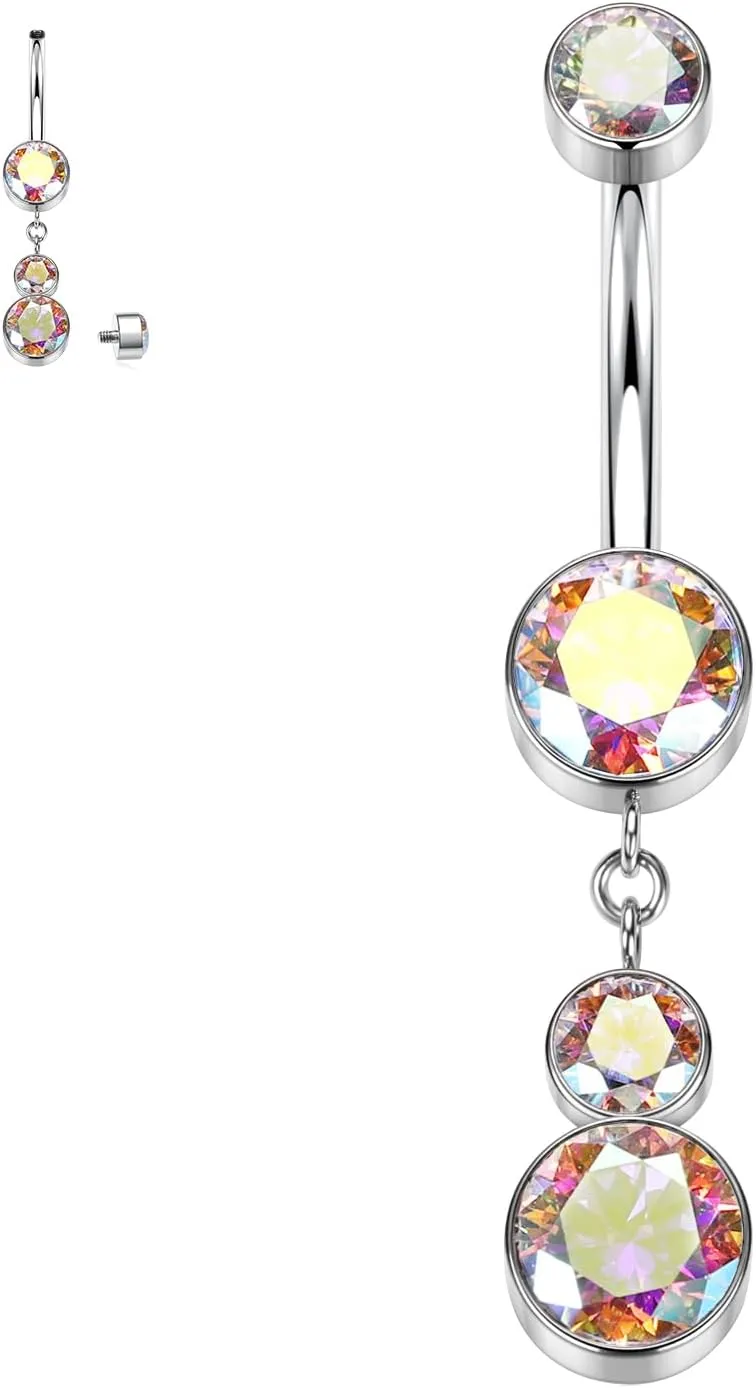 PEAKLINK Dangly Belly Button Ring 14G Titanium Belly Barbell G23 Jewelry Dangle Navel Ring 10mm Internally Threaded Long Curved Barbell for Women with CZ