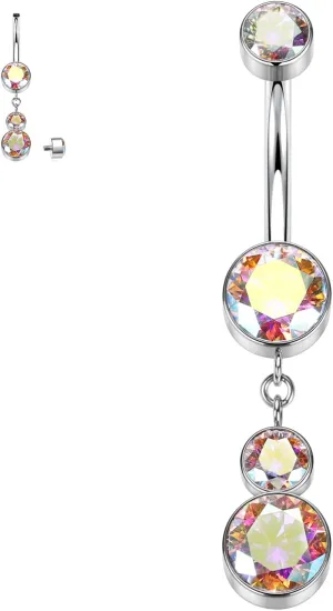 PEAKLINK Dangly Belly Button Ring 14G Titanium Belly Barbell G23 Jewelry Dangle Navel Ring 10mm Internally Threaded Long Curved Barbell for Women with CZ