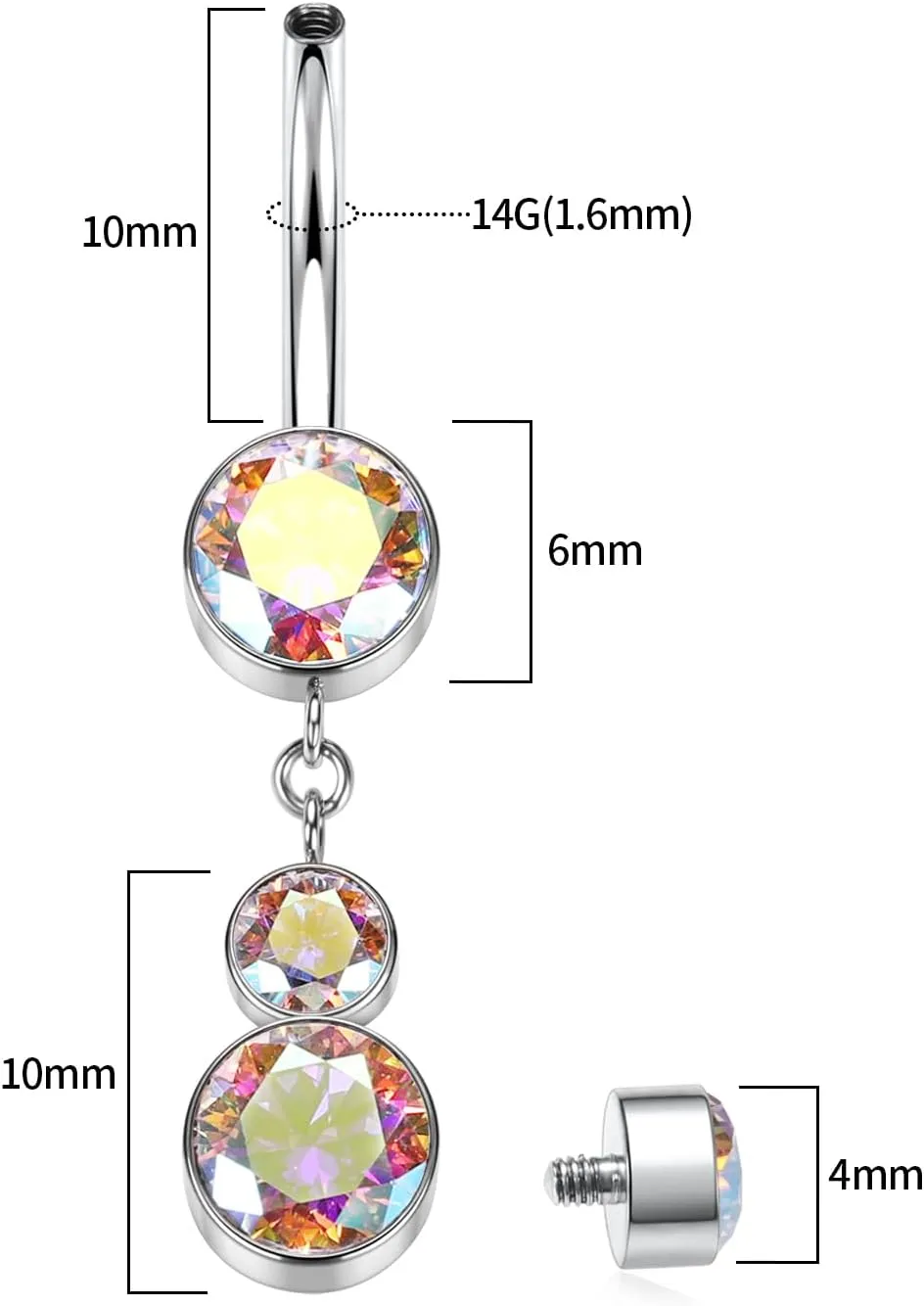 PEAKLINK Dangly Belly Button Ring 14G Titanium Belly Barbell G23 Jewelry Dangle Navel Ring 10mm Internally Threaded Long Curved Barbell for Women with CZ