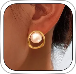 Pearl Stud Earrings Gold Leaf Ear Studs Rhinestone Tiny Earring Studs for Women (geometric)