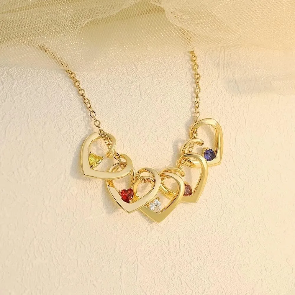 Personalized Mother Daughter Necklace with Simulated Birthstones for Women, Grandma Custom Family Names Necklace with 1-8 Heart Charms for Mom