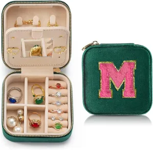 Personalized Velvet Travel Jewelry Case Box For Women Ring Necklace Earring Holder Organizer with Mirror Green Girls Box Birthday Gifts Mom Initial M