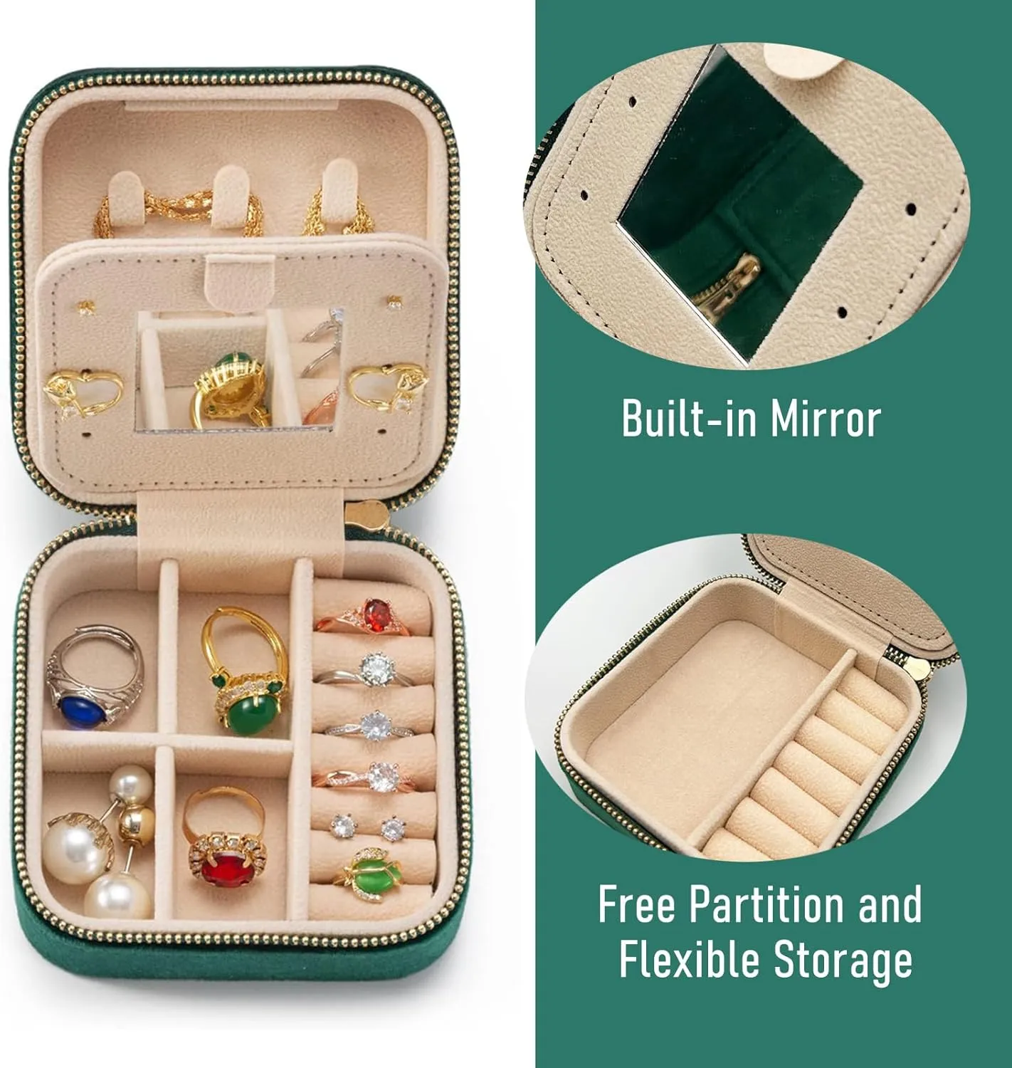 Personalized Velvet Travel Jewelry Case Box For Women Ring Necklace Earring Holder Organizer with Mirror Green Girls Box Birthday Gifts Mom Initial M