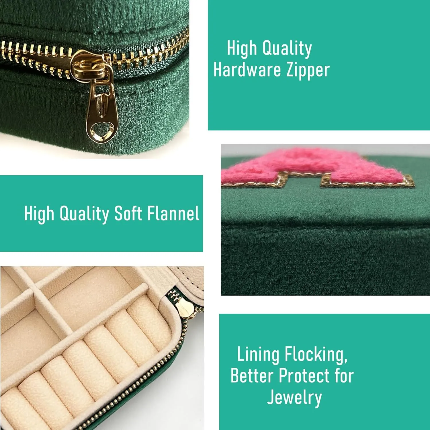 Personalized Velvet Travel Jewelry Case Box For Women Ring Necklace Earring Holder Organizer with Mirror Green Girls Box Birthday Gifts Mom Initial M