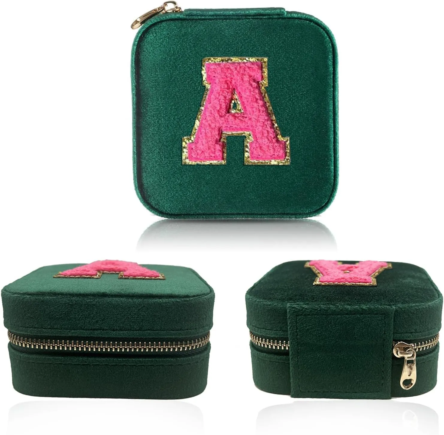 Personalized Velvet Travel Jewelry Case Box For Women Ring Necklace Earring Holder Organizer with Mirror Green Girls Box Birthday Gifts Mom Initial M