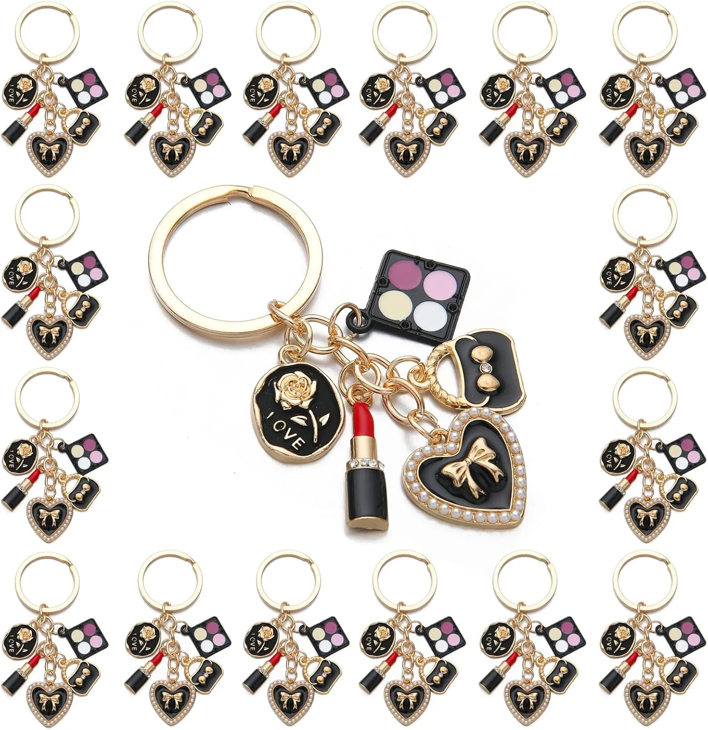 PHAETON 10PCS Keychains with Eye Shadow Plate Lipstick Enameled Handbag Charms Pedant for Women Enthusiast Keychain Set Makeup Lovers Gift Cosmeticians Gift Make up Decoration Favor