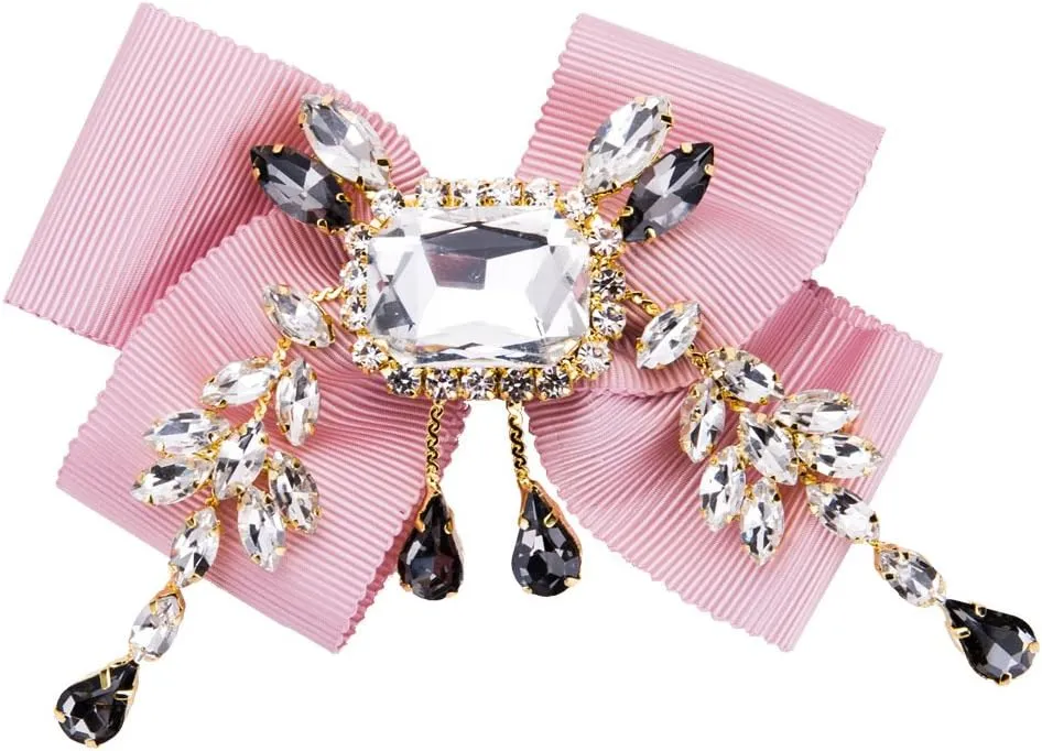 Pink Bow tie brooches for Women Bowknot Necktie Ribbon tie Clip Pins Cravat Jabot Collar Rhinestone Brooch pin for Party Wedding Shirt Dress (BV15)