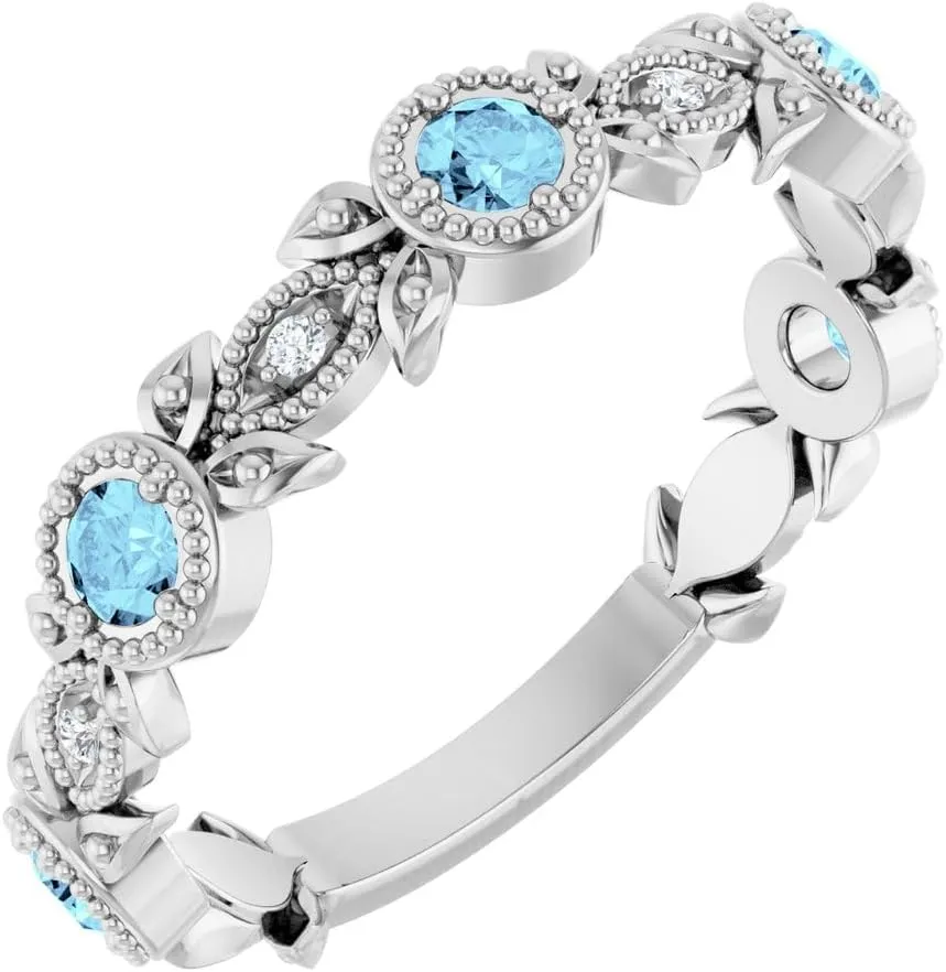 Platinum Aquamarine and .03 cttw Diamond Accented Leaf Fashion Ring Fine Jewelry For Women Gifts For Her, Size 7