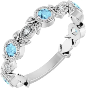 Platinum Aquamarine and .03 cttw Diamond Accented Leaf Fashion Ring Fine Jewelry For Women Gifts For Her, Size 7