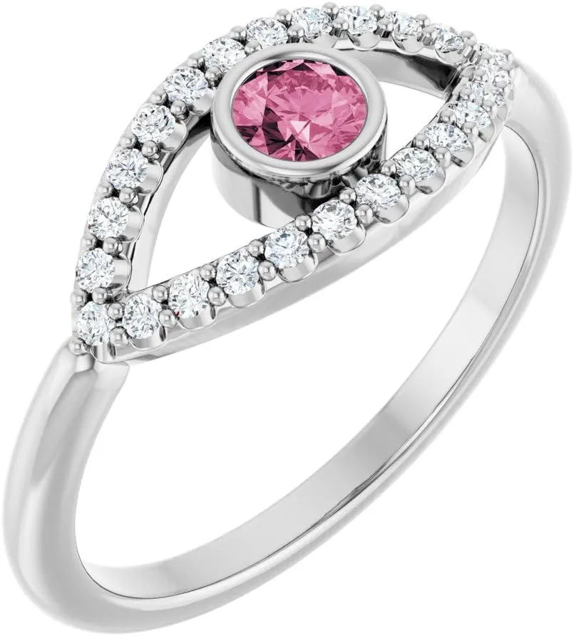 Platinum Pink Tourmaline and White Sapphire Evil Eye Religious Fashion Ring Fine Jewelry For Women Gifts For Her, Size 7