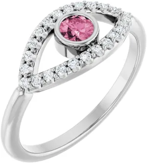 Platinum Pink Tourmaline and White Sapphire Evil Eye Religious Fashion Ring Fine Jewelry For Women Gifts For Her, Size 7
