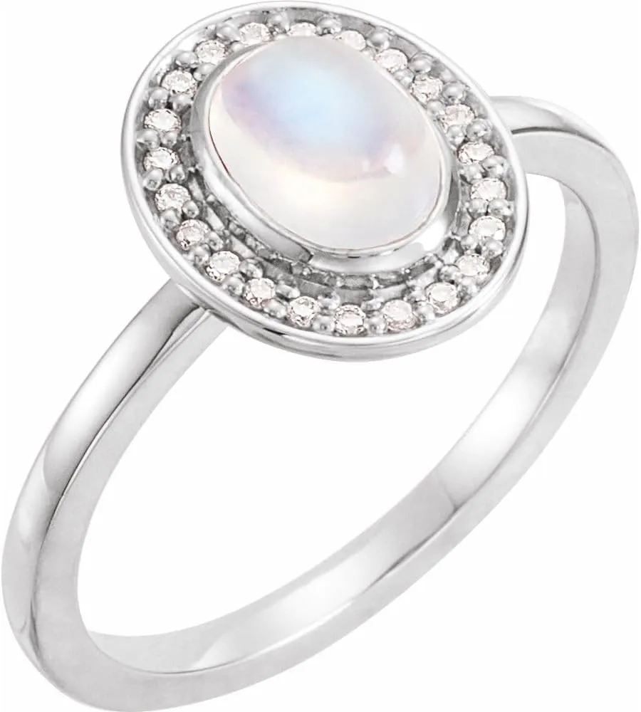 Platinum Rainbow Moonstone and .08 cttw Diamond Halo-Style Fashion Ring Fine Jewelry For Women Gifts For Her, Size 7