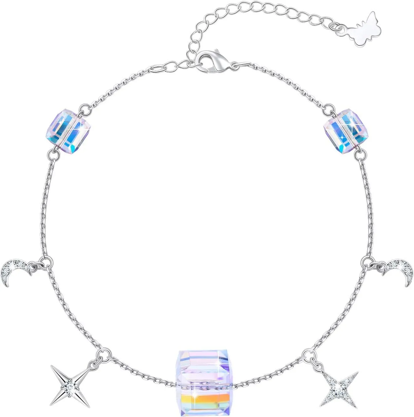 PLATO H Cube Crystal Moon and Star Thin Bracelet for Women with Elegant Box Dainty Jewelry Anniversary Unique Gift for Her
