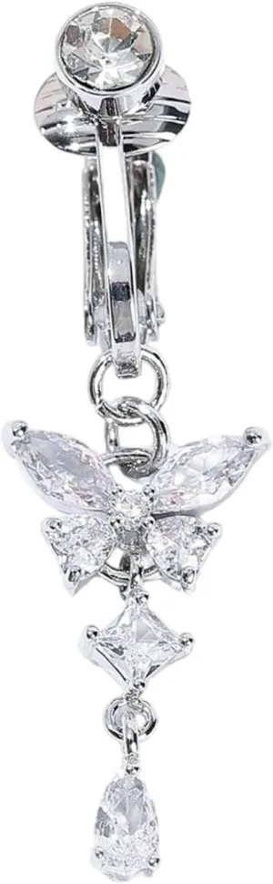 POYAMUSE Butterfly Heart Fake Belly Ring for Women, Faux Belly Piercing Jewelry - Fake Belly Button Piercing - Clip On Belly Button Rings Non Piercing Jewelry for Women