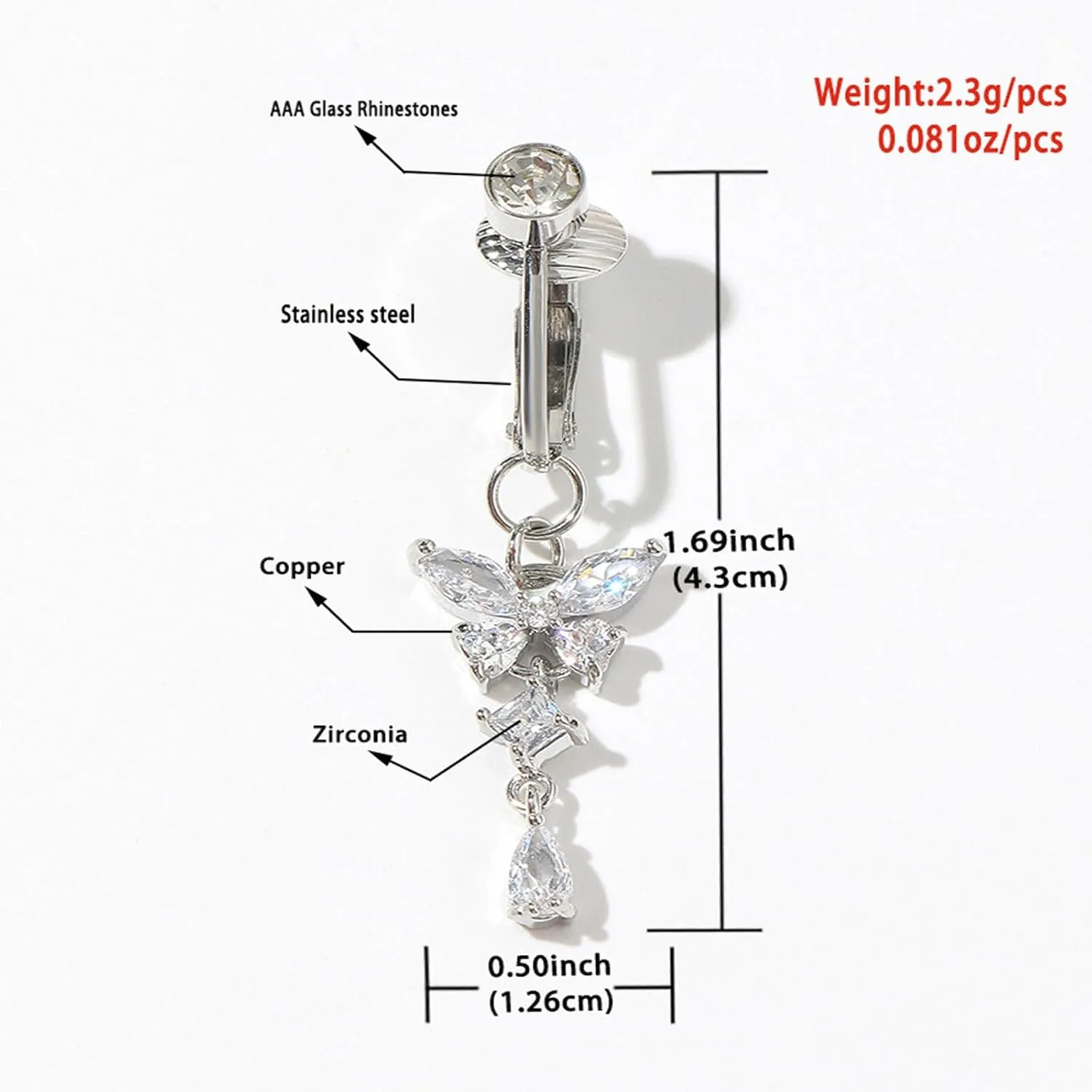 POYAMUSE Butterfly Heart Fake Belly Ring for Women, Faux Belly Piercing Jewelry - Fake Belly Button Piercing - Clip On Belly Button Rings Non Piercing Jewelry for Women
