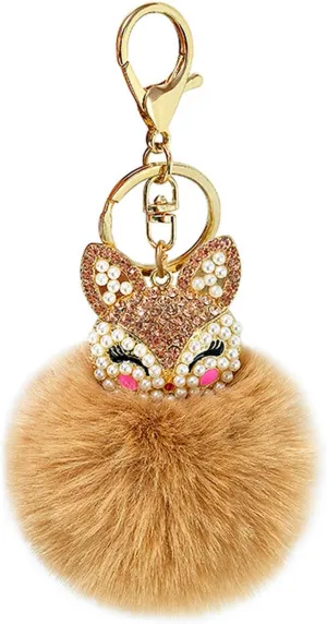 POYAMUSE Cute Fox Pom Pom Keychain  Genuine Rabbit Fur Ball, Rhinestones & Pearls, Bag Purse Key Decoration Charm